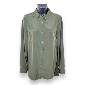 Small Zoa New York Dark Green Button Front Long Sleeve Shirt Sateen Satin Olive
